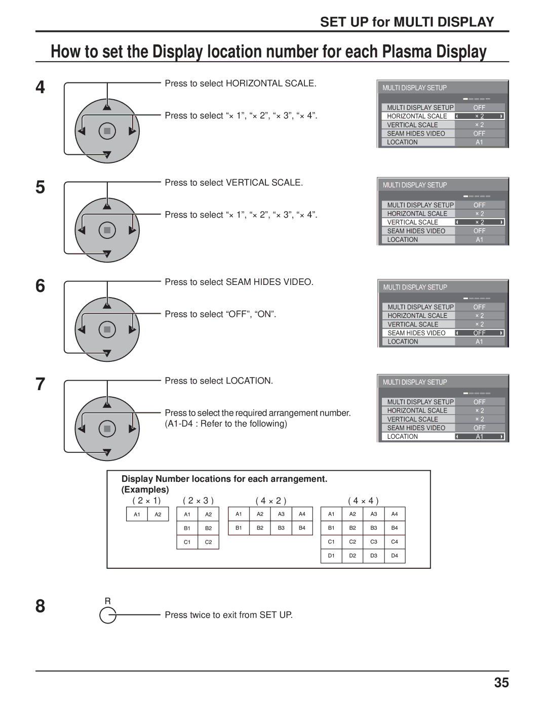 Panasonic TH-103PF9UK manual SET UP for Multi Display, Press to select Seam Hides Video, Press to select OFF, on 