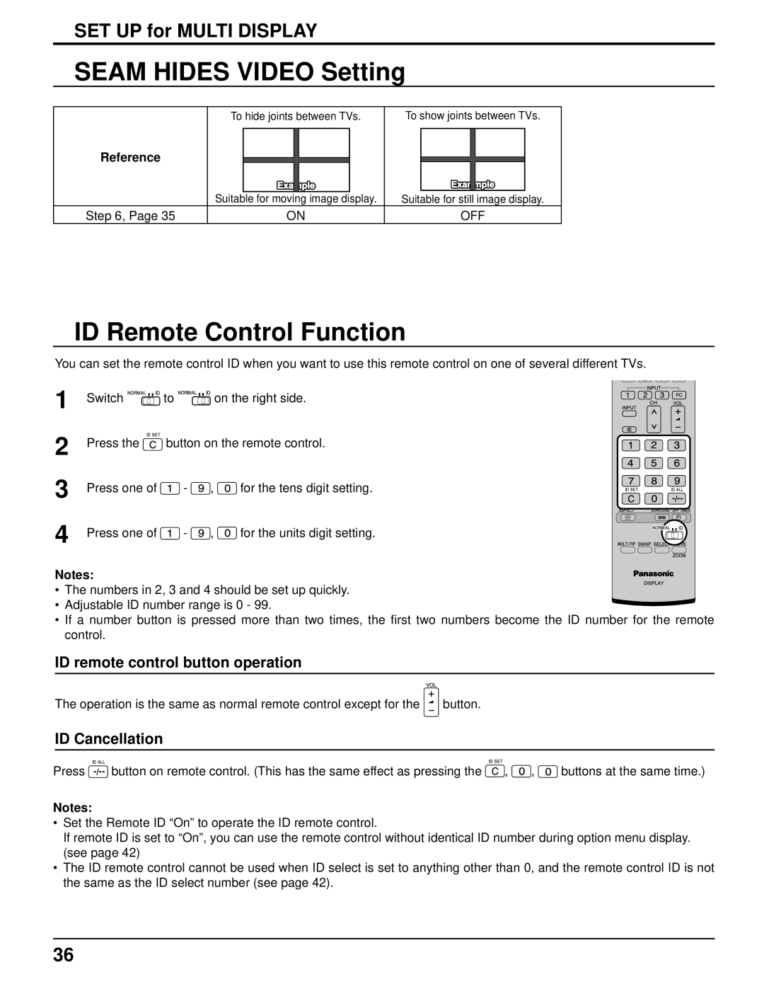 Panasonic TH-103PF9UK Seam Hides Video Setting, ID Remote Control Function, ID remote control button operation, Reference 