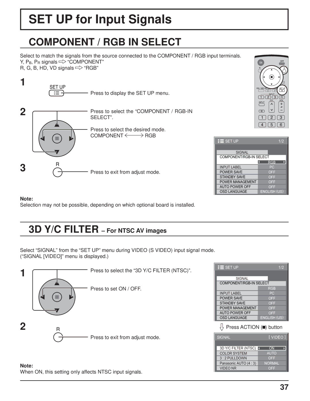 Panasonic TH-103PF9UK SET UP for Input Signals, Component / RGB in Select, 3D Y/C Filter For Ntsc AV images, Component RGB 