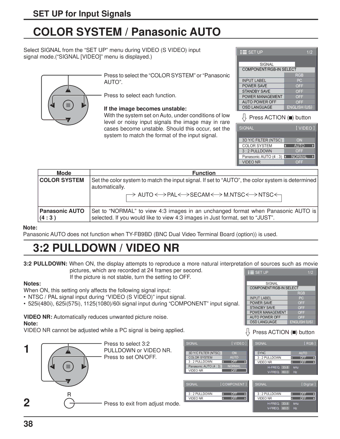 Panasonic TH-103PF9UK manual Color System / Panasonic Auto, Pulldown / Video NR, SET UP for Input Signals 