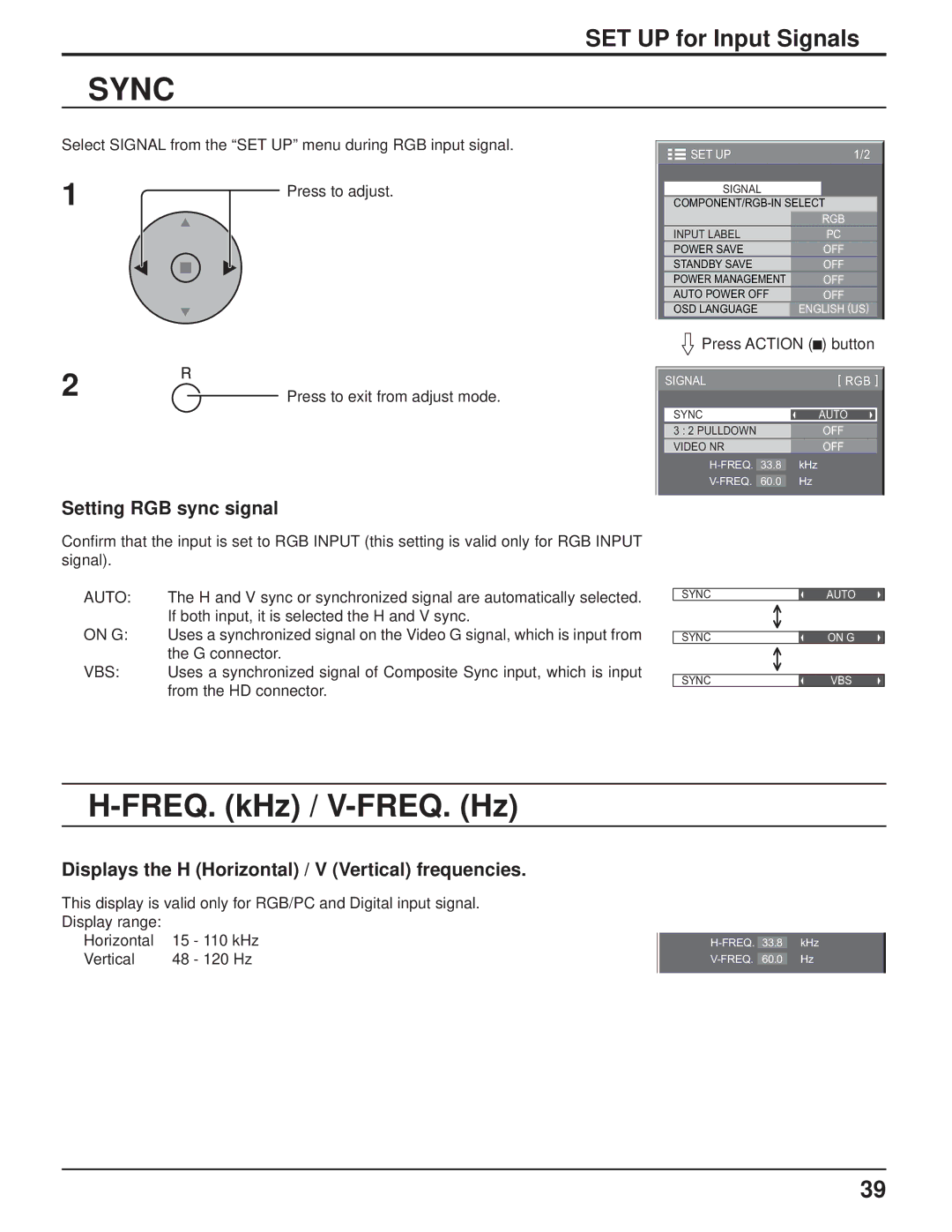 Panasonic TH-103PF9UK manual Sync, FREQ. kHz / V-FREQ. Hz, Setting RGB sync signal 