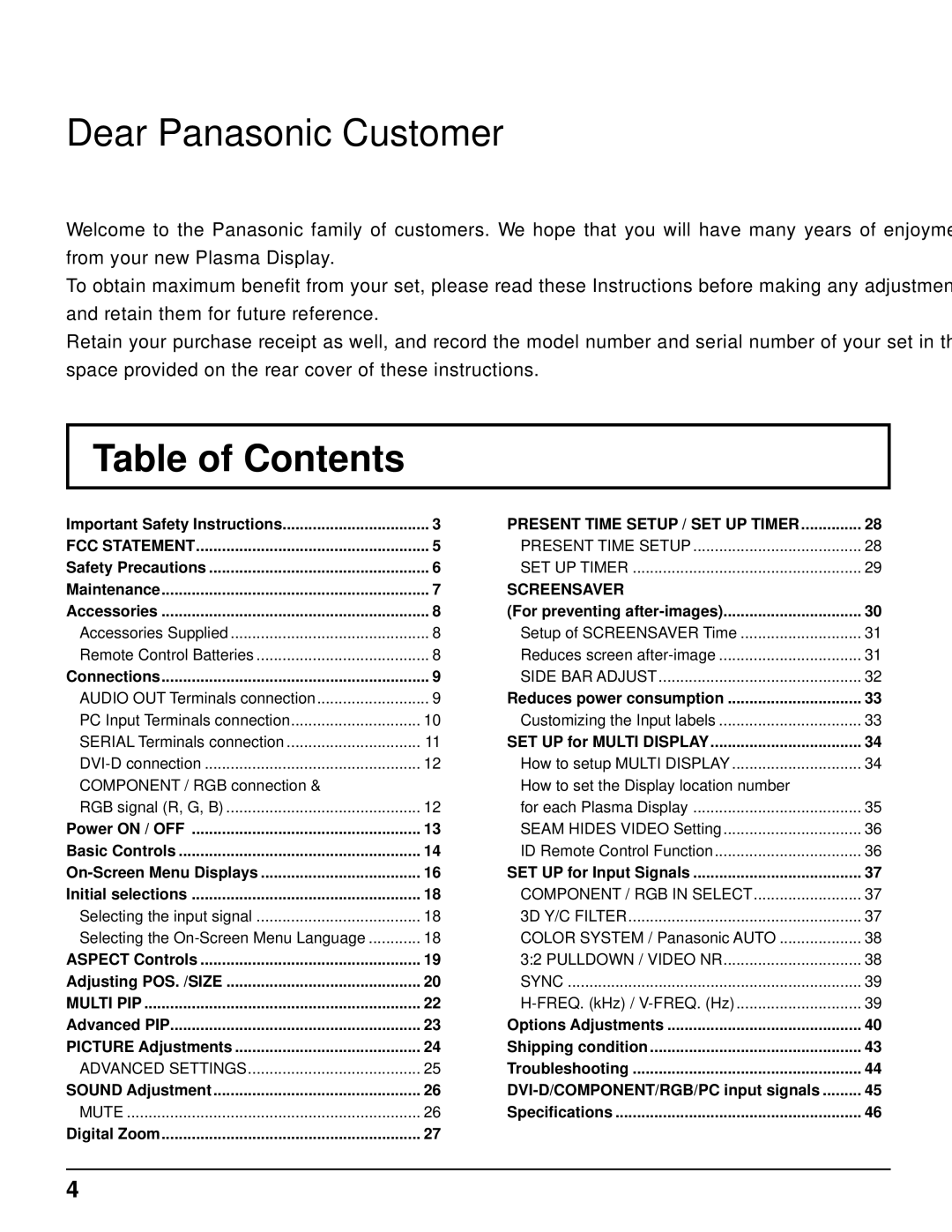 Panasonic TH-103PF9UK manual Table of Contents 