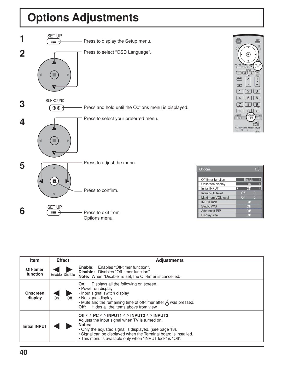 Panasonic TH-103PF9UK manual Options Adjustments 