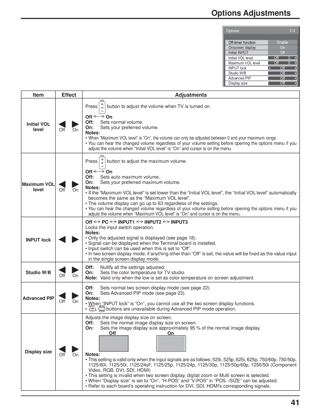 Panasonic TH-103PF9UK manual Options Adjustments 