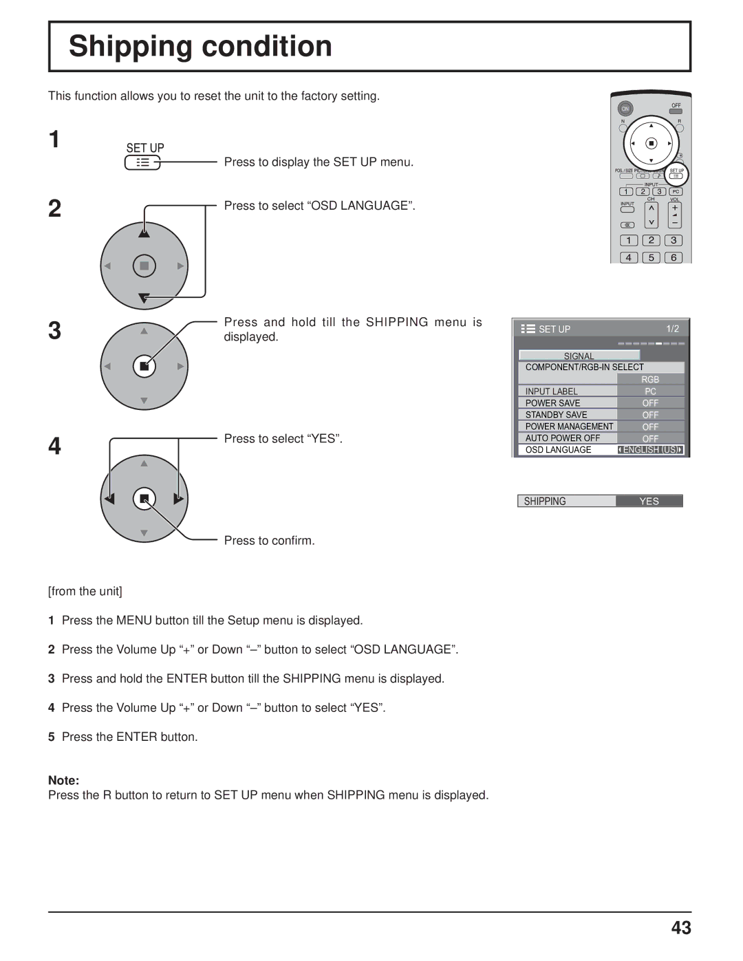 Panasonic TH-103PF9UK manual Shipping condition 