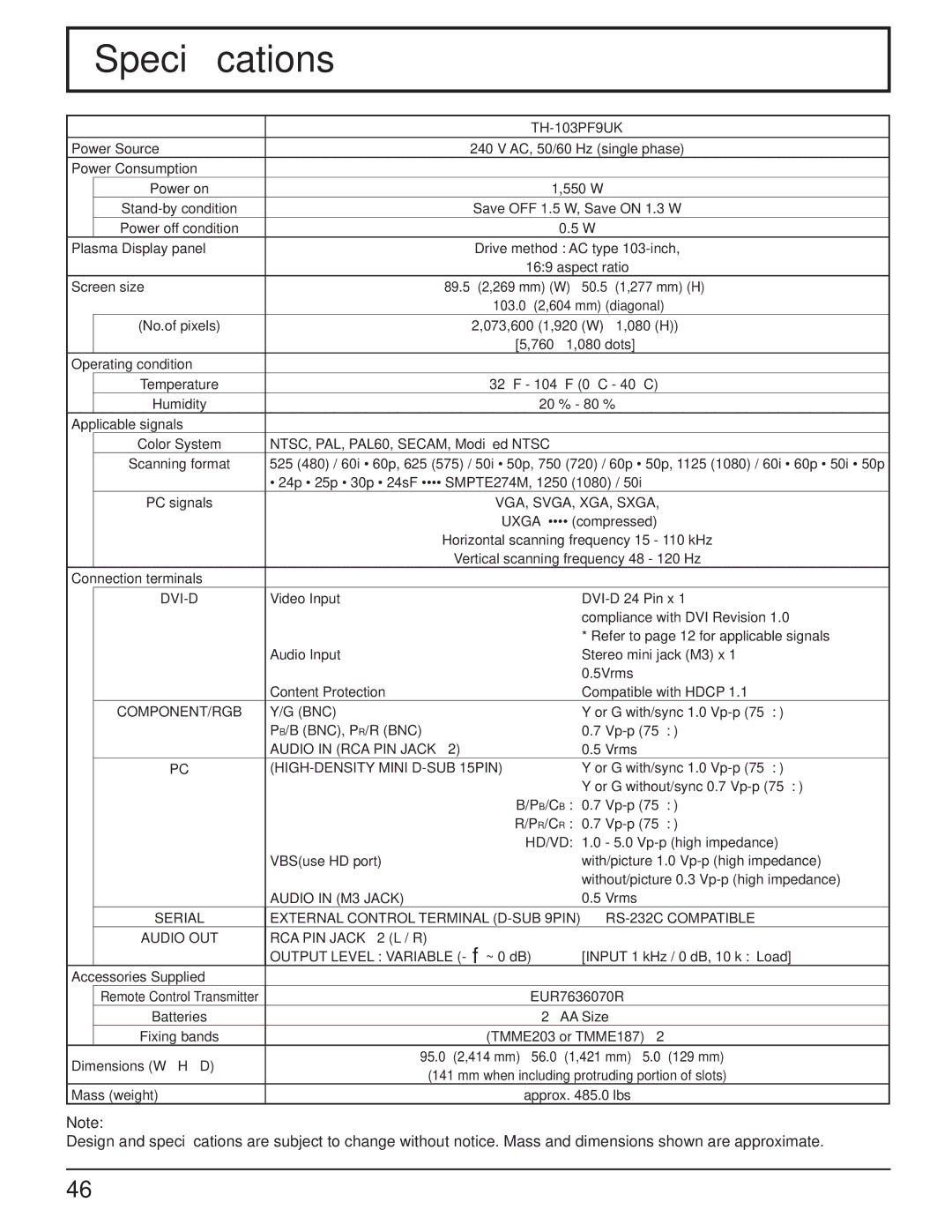 Panasonic TH-103PF9UK manual Speciﬁcations 