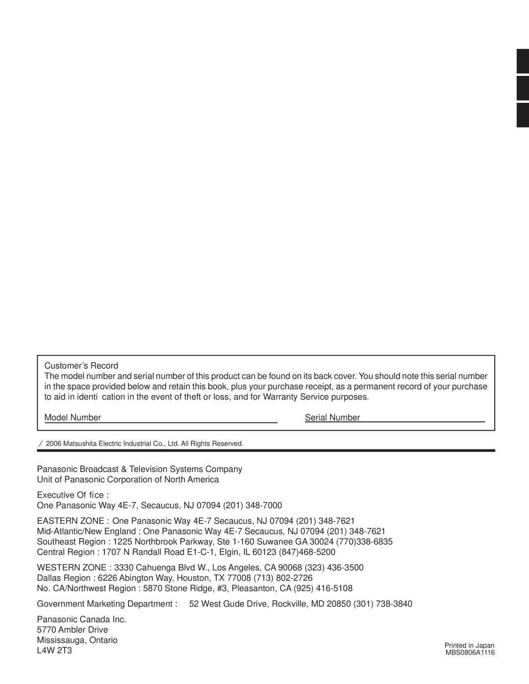 Panasonic TH-103PF9UK manual Customer’s Record, Panasonic Broadcast & Television Systems Company, Executive Ofﬁce 