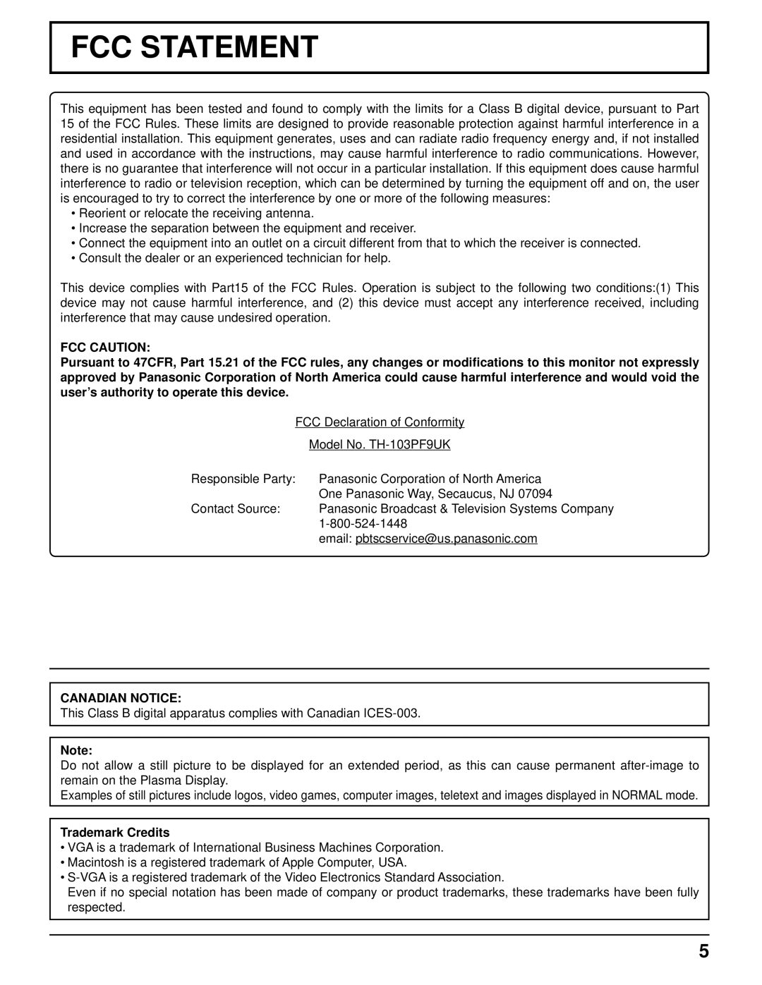 Panasonic TH-103PF9UK manual FCC Caution, Canadian Notice, Trademark Credits 