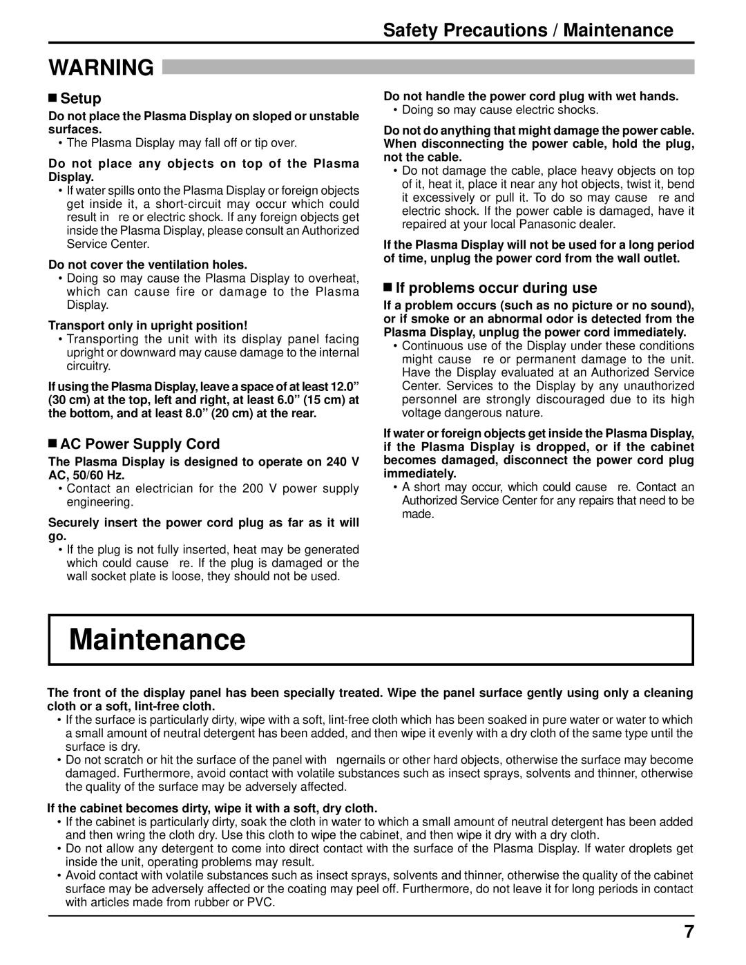 Panasonic TH-103PF9UK Safety Precautions / Maintenance, Setup, AC Power Supply Cord, If problems occur during use 