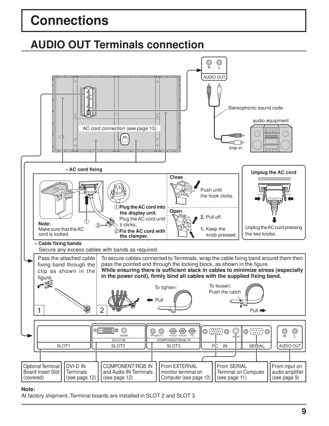 Panasonic TH-103PF9UK manual Connections, Audio OUT Terminals connection, Close, Open 