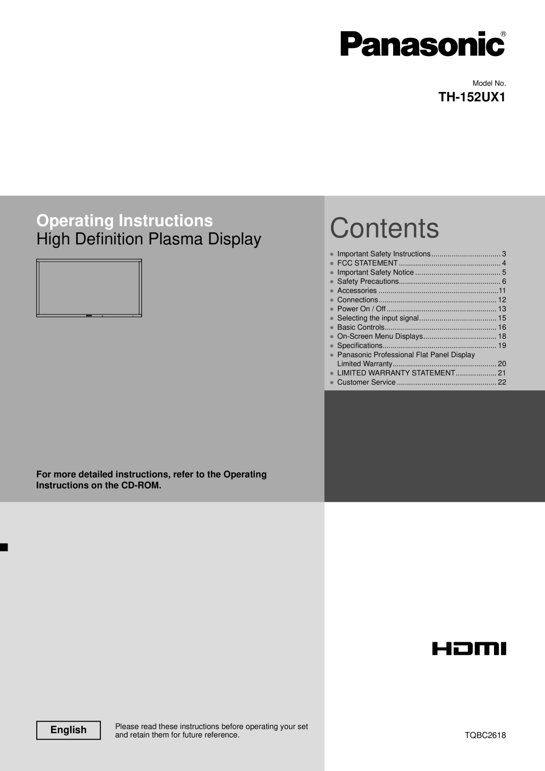 Panasonic TH-152UX1 important safety instructions Contents 