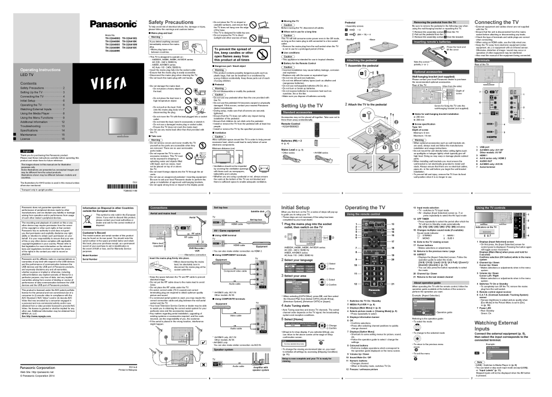 Panasonic TH-32A410M, TH-32A410X, TH-32A410K, TH-32A410G, TH-32A408K, TH-32A400G operating instructions Safety Precautions 