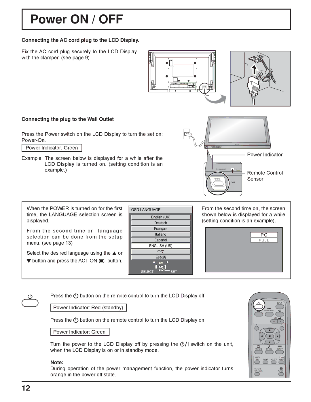 Panasonic TH-32LHD7UX manual Power on / OFF, Connecting the AC cord plug to the LCD Display 