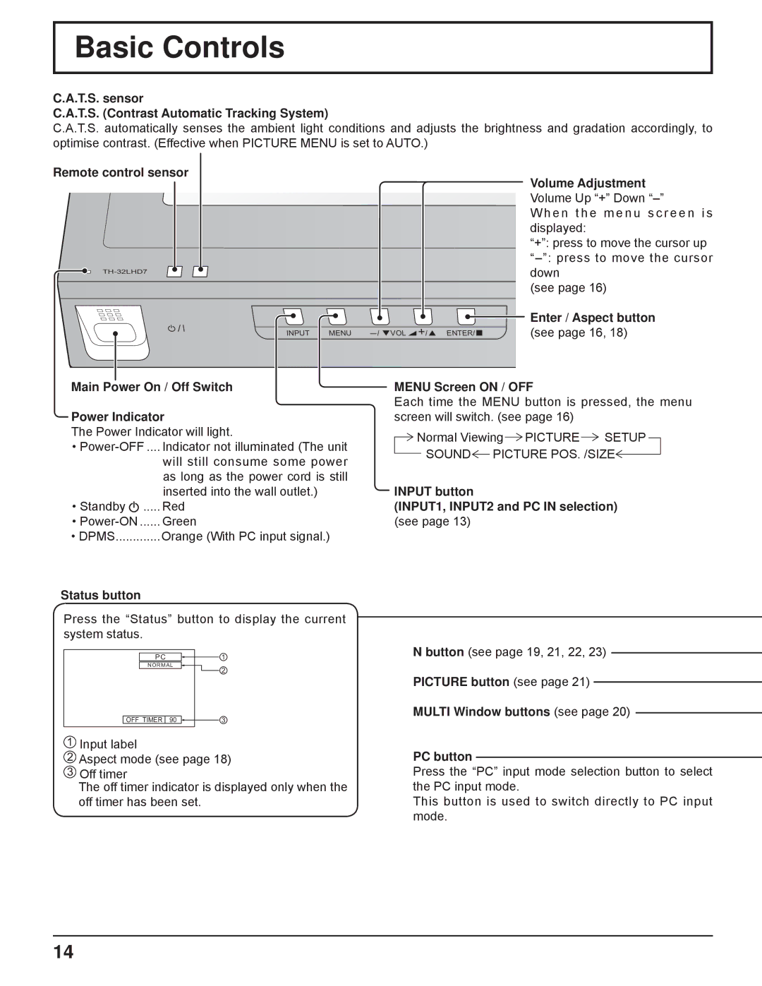 Panasonic TH-32LHD7UX manual Basic Controls 