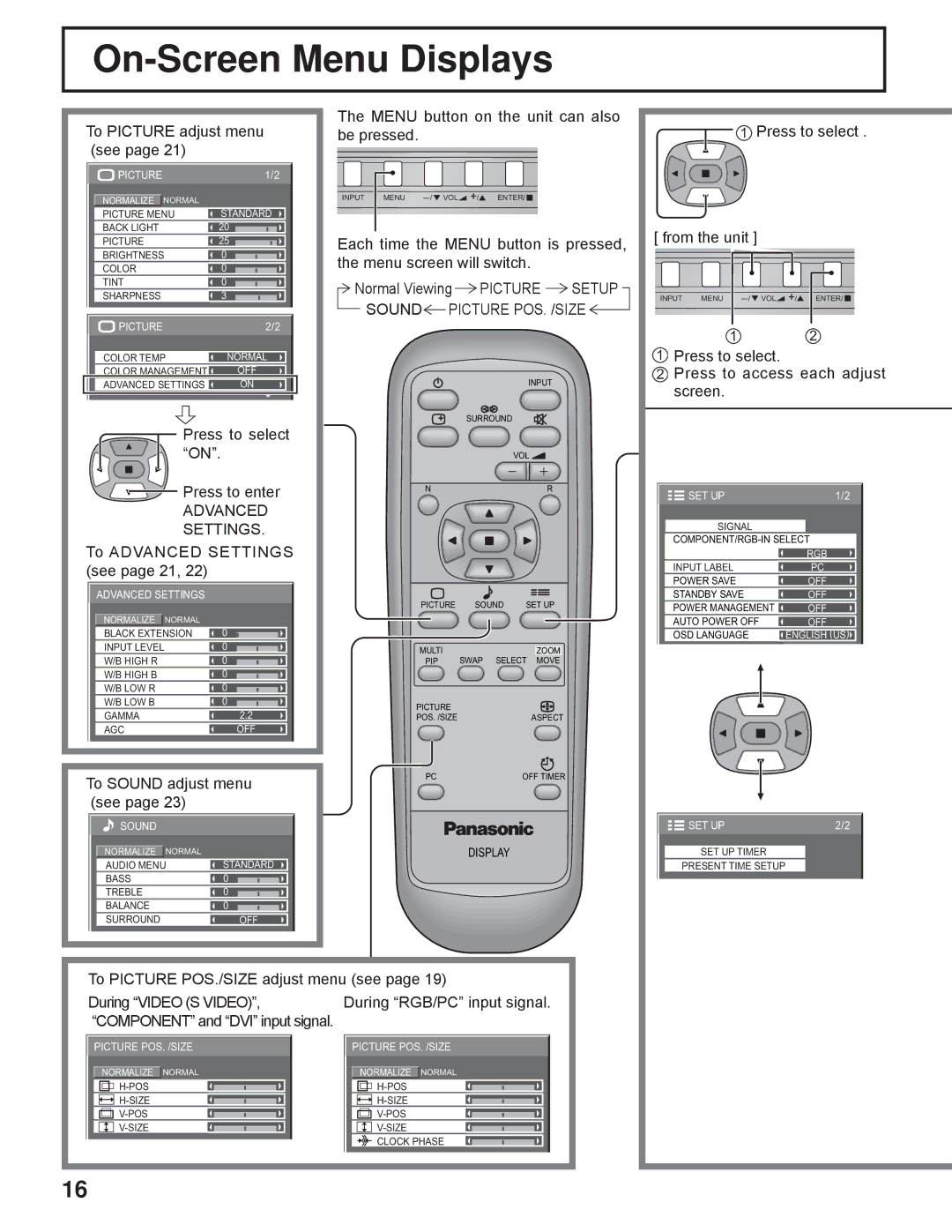 Panasonic TH-32LHD7UX manual On-Screen Menu Displays, Advanced Settings 