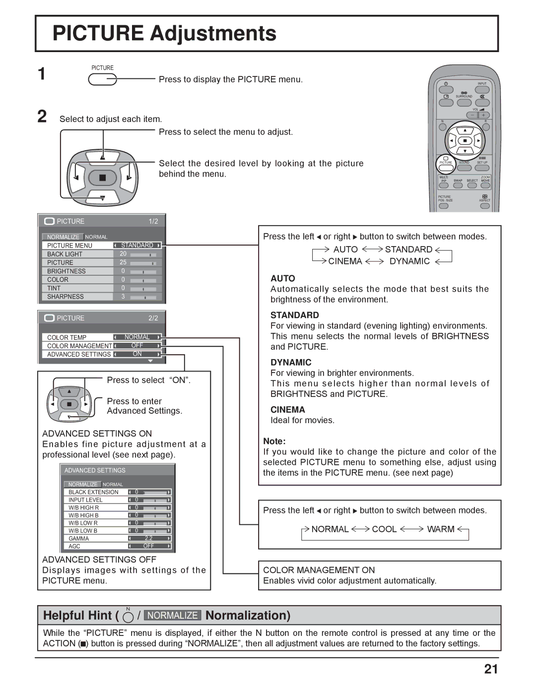 Panasonic TH-32LHD7UX manual Picture Adjustments, Auto, Standard, Dynamic, Cinema 