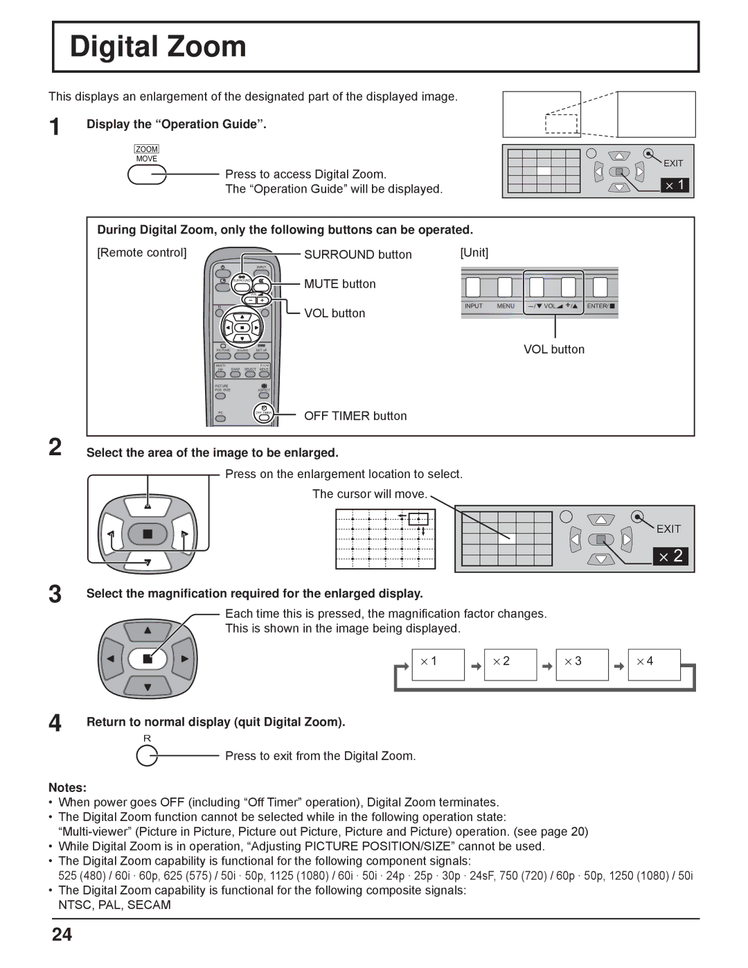 Panasonic TH-32LHD7UX manual Digital Zoom, Display the Operation Guide, Select the area of the image to be enlarged 