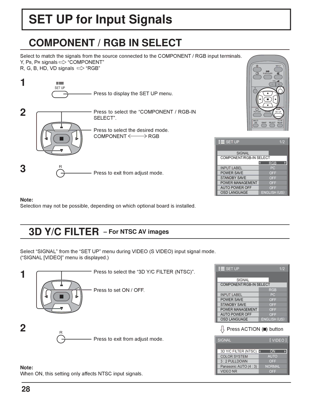 Panasonic TH-32LHD7UX SET UP for Input Signals, Component / RGB in Select, 3D Y/C Filter For Ntsc AV images, Component RGB 