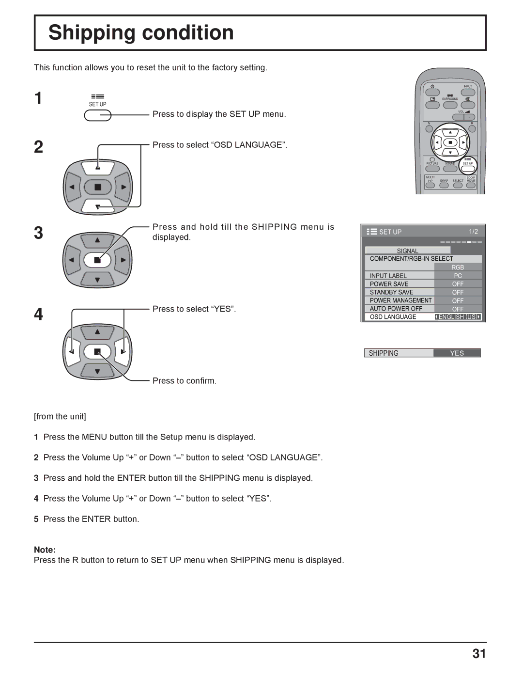 Panasonic TH-32LHD7 manual Shipping condition, Press to display the SET UP menu, Press and hold till the Shipping menu is 