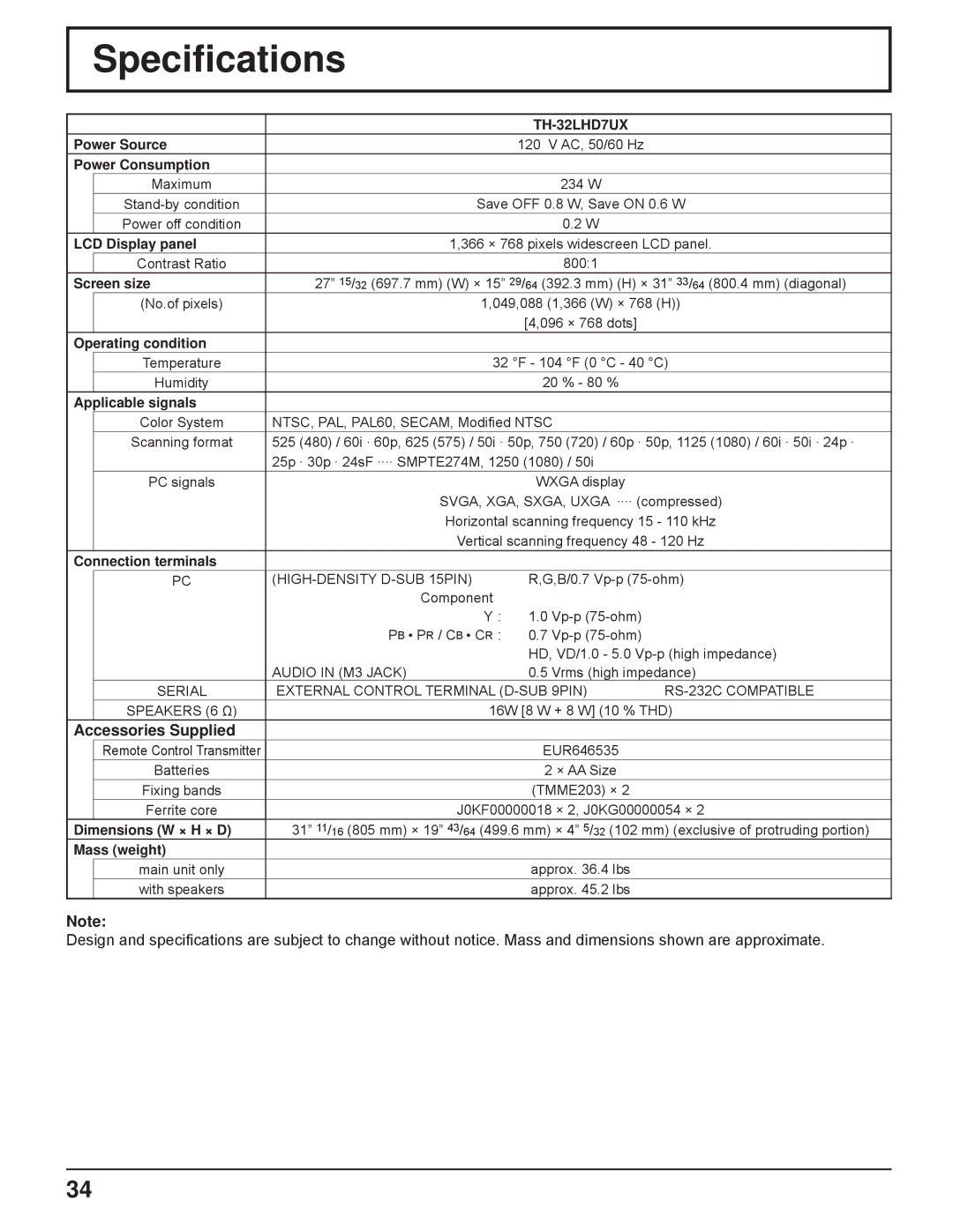 Panasonic TH-32LHD7UX manual Speciﬁcations, Accessories Supplied 