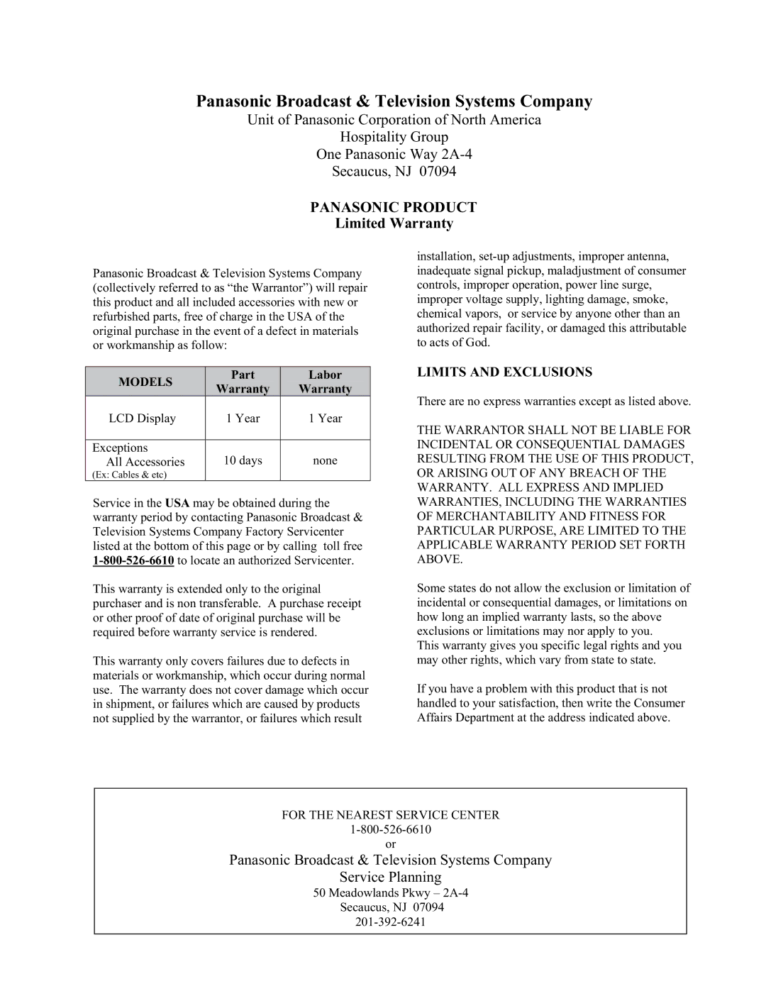 Panasonic TH-32LHD7UX manual Panasonic Broadcast & Television Systems Company 