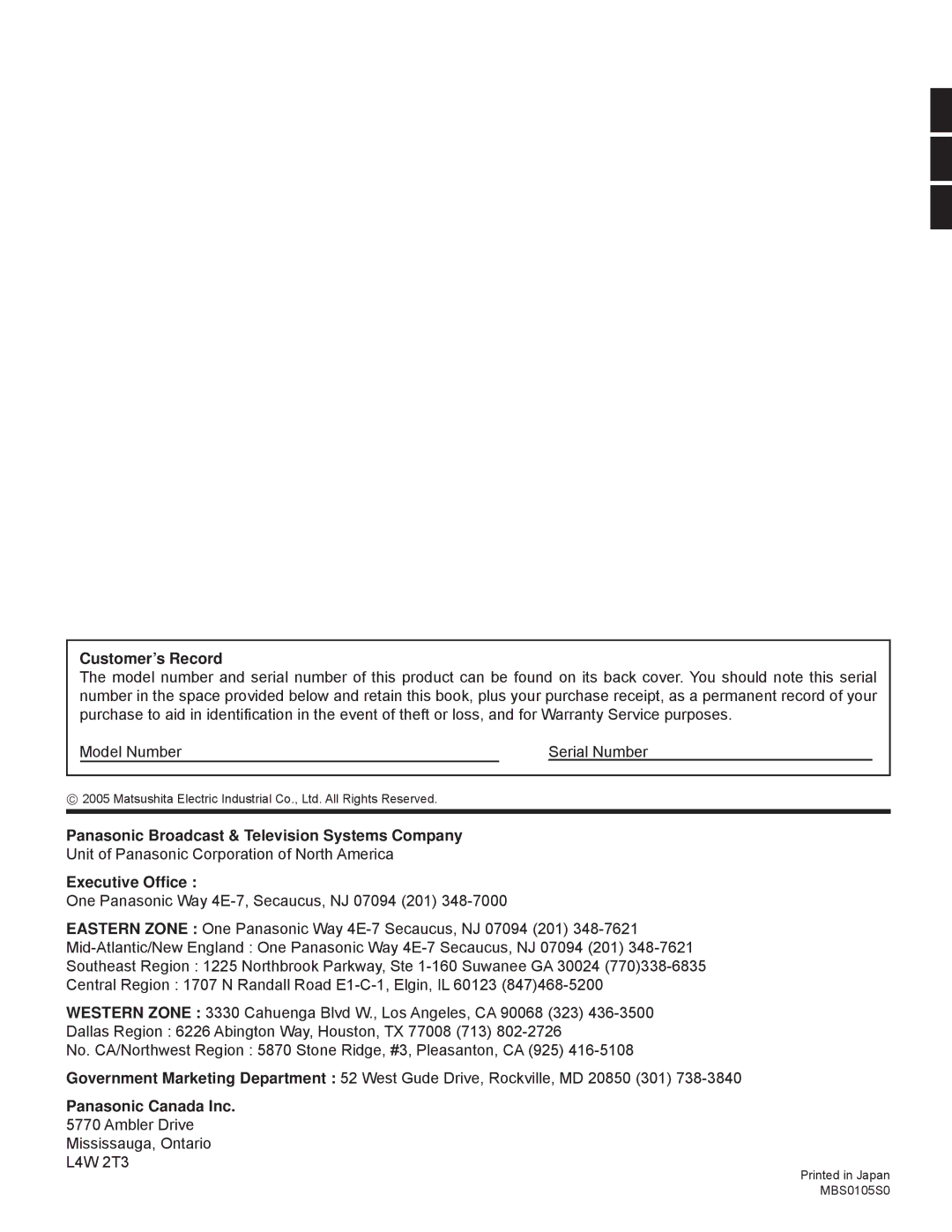 Panasonic TH-32LHD7UX manual Customer’s Record, Panasonic Broadcast & Television Systems Company, Executive Ofﬁce 