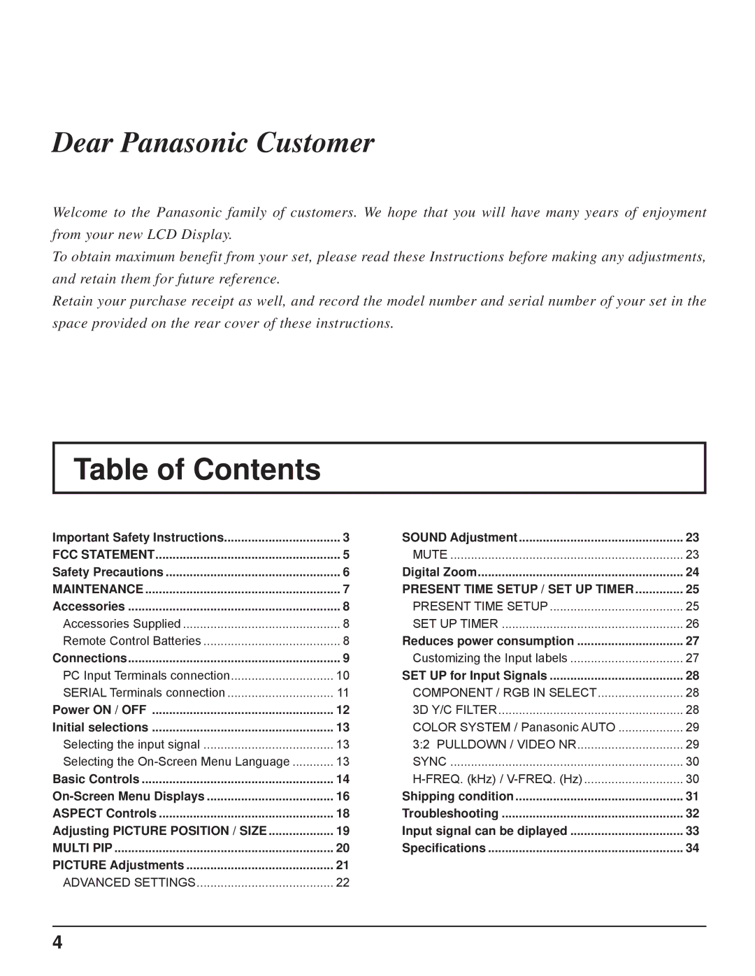 Panasonic TH-32LHD7UX manual Table of Contents 