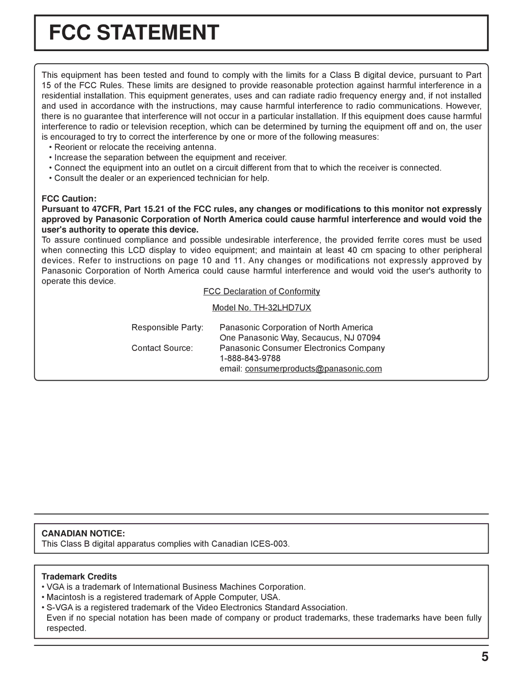 Panasonic TH-32LHD7UX manual Canadian Notice, Trademark Credits 