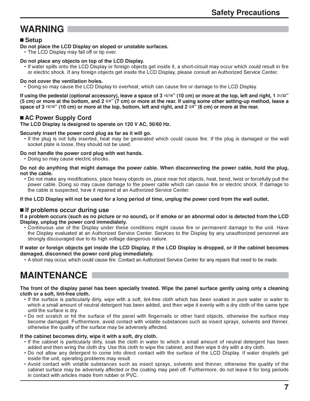 Panasonic TH-32LHD7UX manual Setup, AC Power Supply Cord, If problems occur during use 