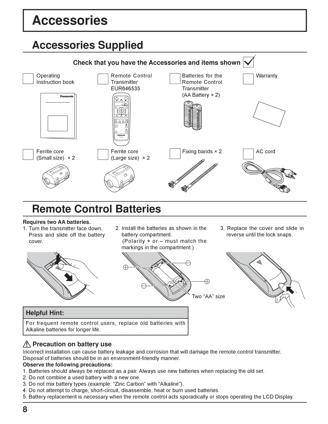 Panasonic TH-32LHD7UX manual Accessories Supplied, Remote Control Batteries 