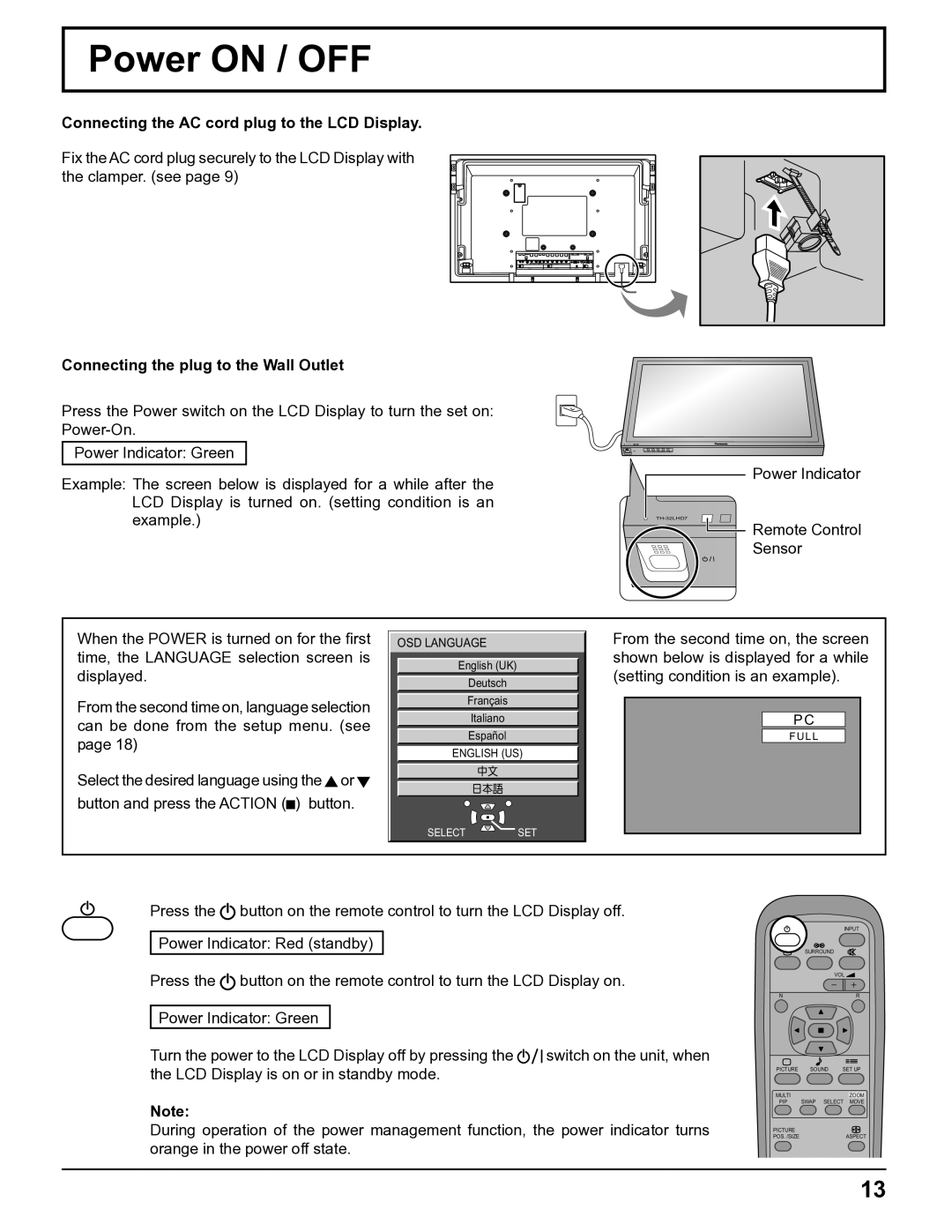 Panasonic TH-32LHD7UY manual Power on / OFF, Connecting the AC cord plug to the LCD Display 