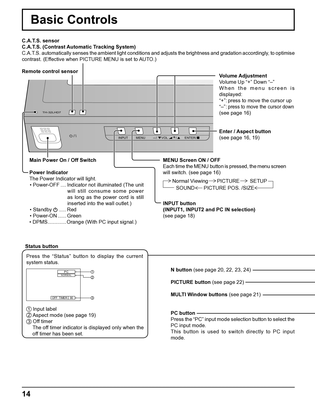 Panasonic TH-32LHD7UY manual Basic Controls 