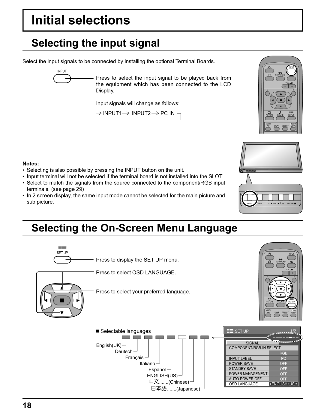 Panasonic TH-32LHD7UY manual Initial selections, Selecting the input signal, Selecting the On-Screen Menu Language 