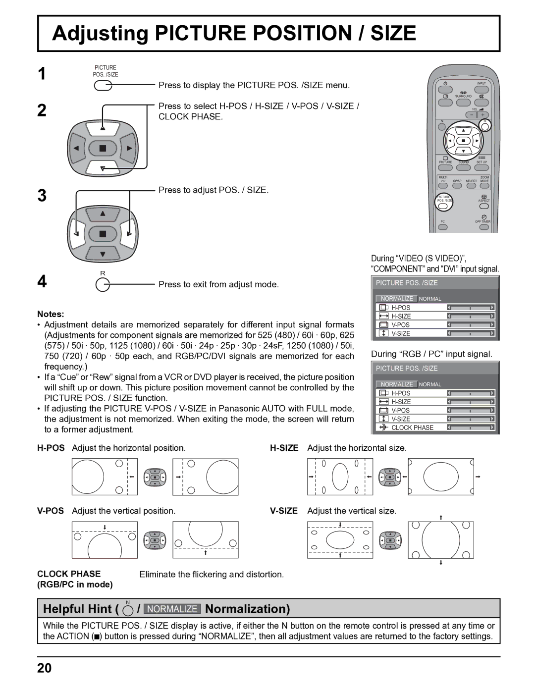 Panasonic TH-32LHD7UY manual Adjusting Picture Position / Size, Clock Phase, Eliminate the ﬂickering and distortion 