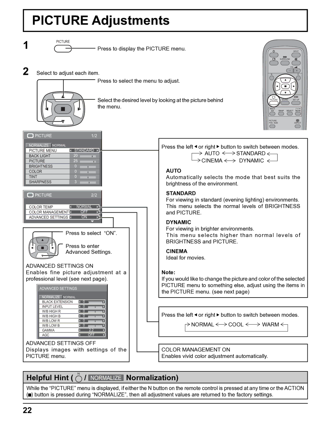 Panasonic TH-32LHD7UY manual Picture Adjustments, Auto, Standard, Dynamic, Cinema 