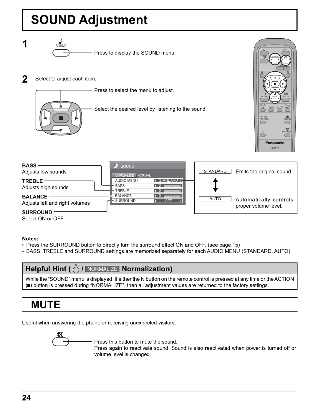 Panasonic TH-32LHD7UY manual Sound Adjustment, Mute, Bass, Treble, Balance 