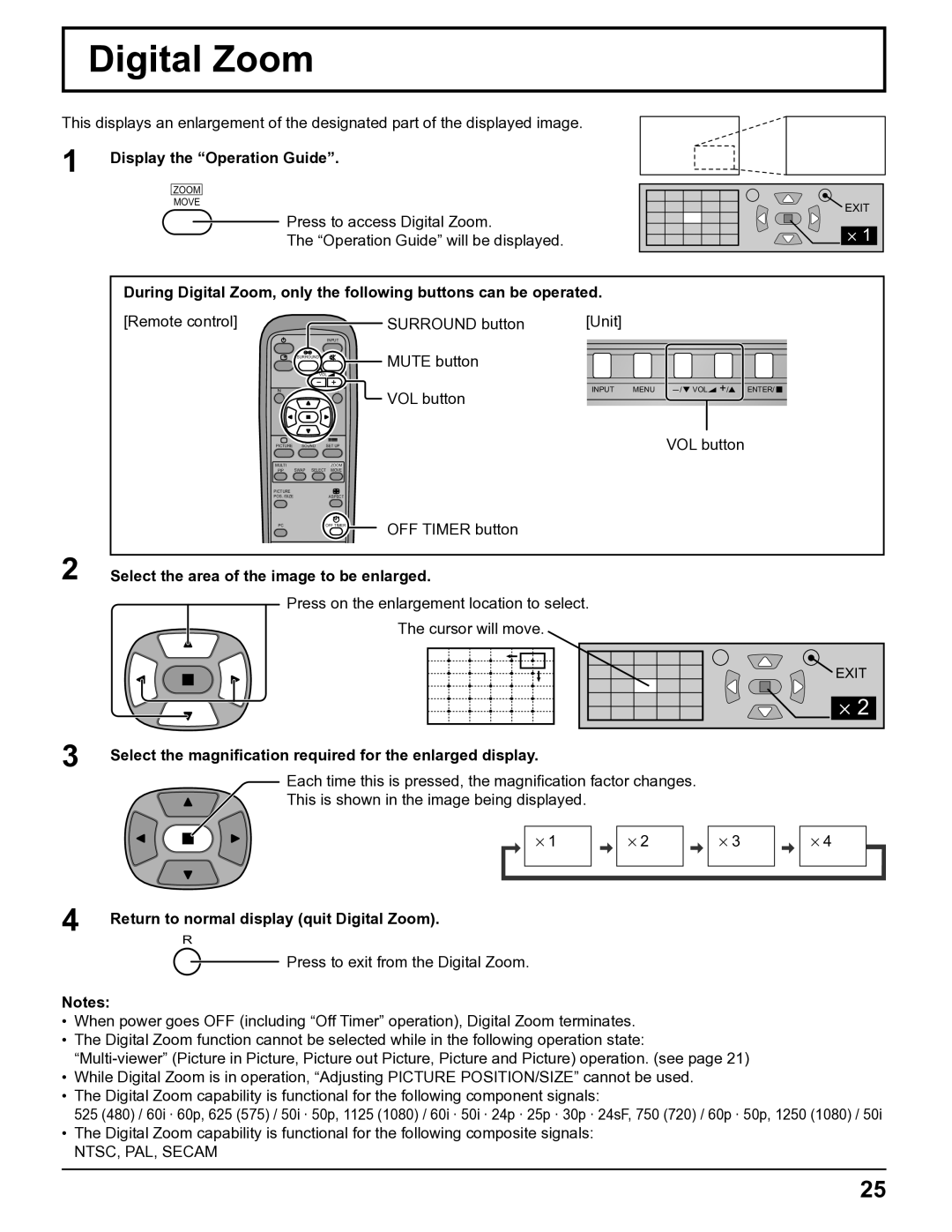 Panasonic TH-32LHD7UY manual Digital Zoom, Display the Operation Guide, Select the area of the image to be enlarged 