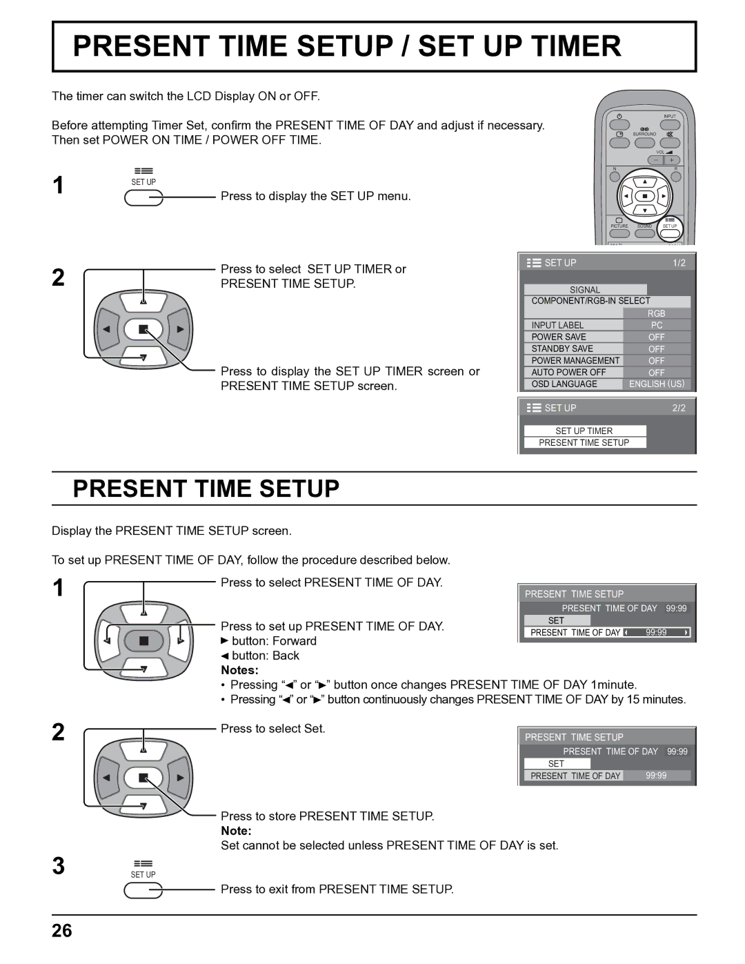 Panasonic TH-32LHD7UY manual Present Time Setup / SET UP Timer 