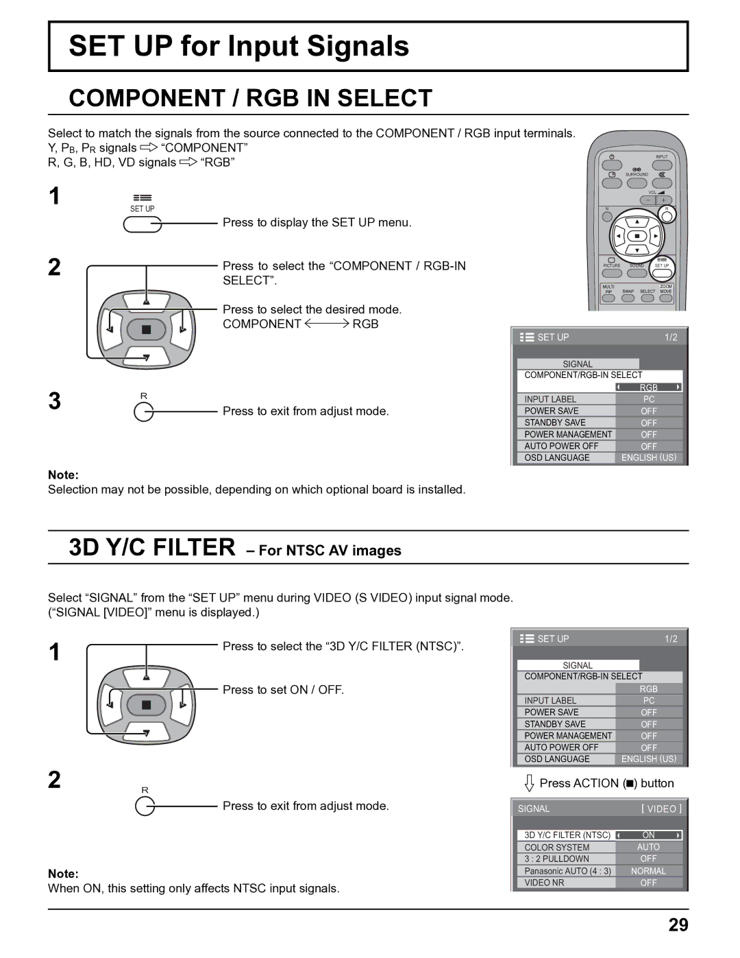 Panasonic TH-32LHD7UY SET UP for Input Signals, Component / RGB in Select, 3D Y/C Filter For Ntsc AV images, Component RGB 