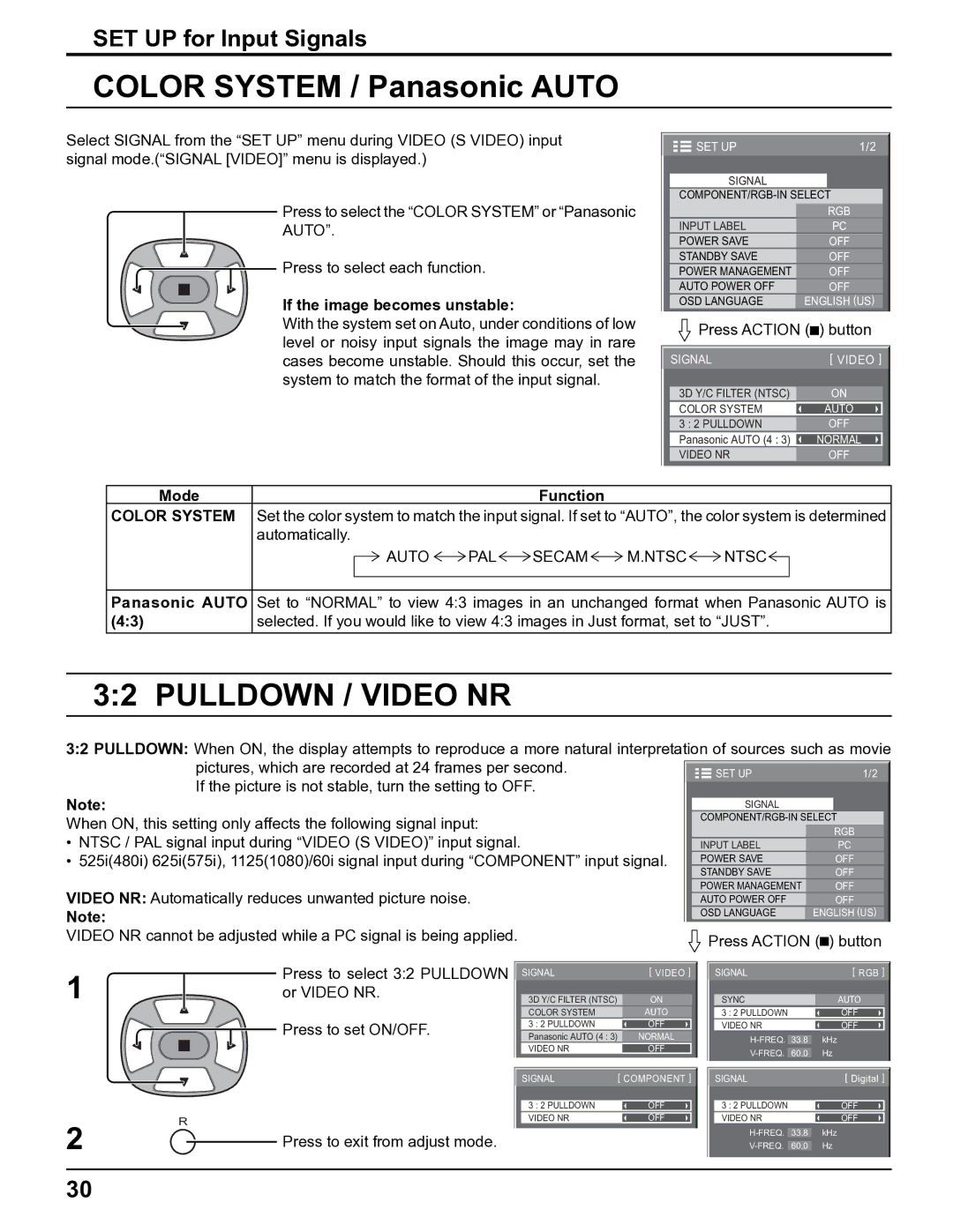 Panasonic TH-32LHD7UY manual Color System / Panasonic Auto, Pulldown / Video NR 