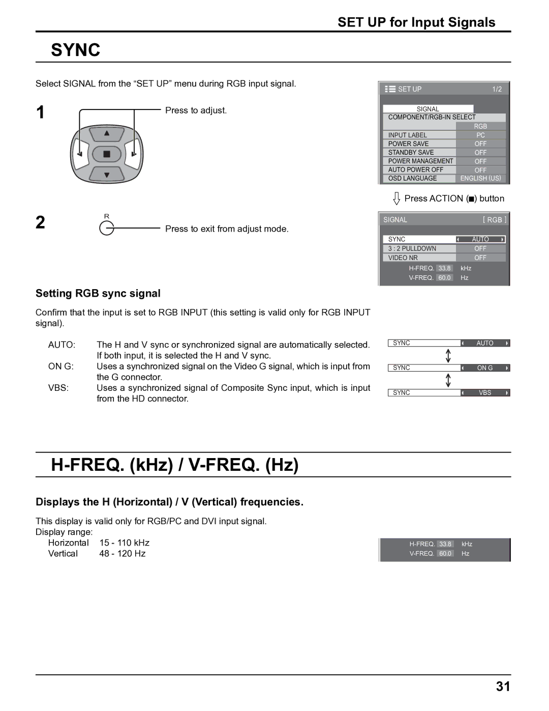 Panasonic TH-32LHD7UY manual Sync, FREQ. kHz / V-FREQ. Hz, Setting RGB sync signal 