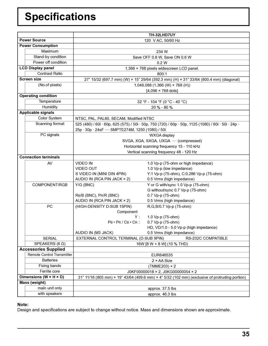 Panasonic TH-32LHD7UY manual Speciﬁcations, Accessories Supplied 