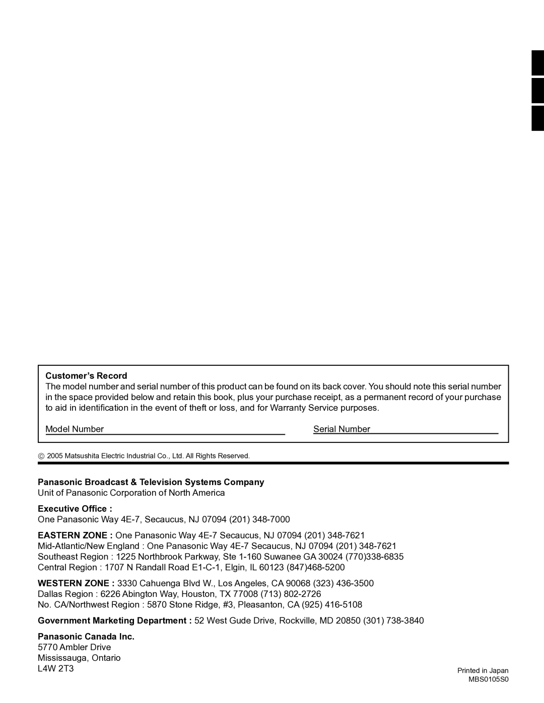 Panasonic TH-32LHD7UY manual Customer’s Record, Panasonic Broadcast & Television Systems Company, Executive Ofﬁce 