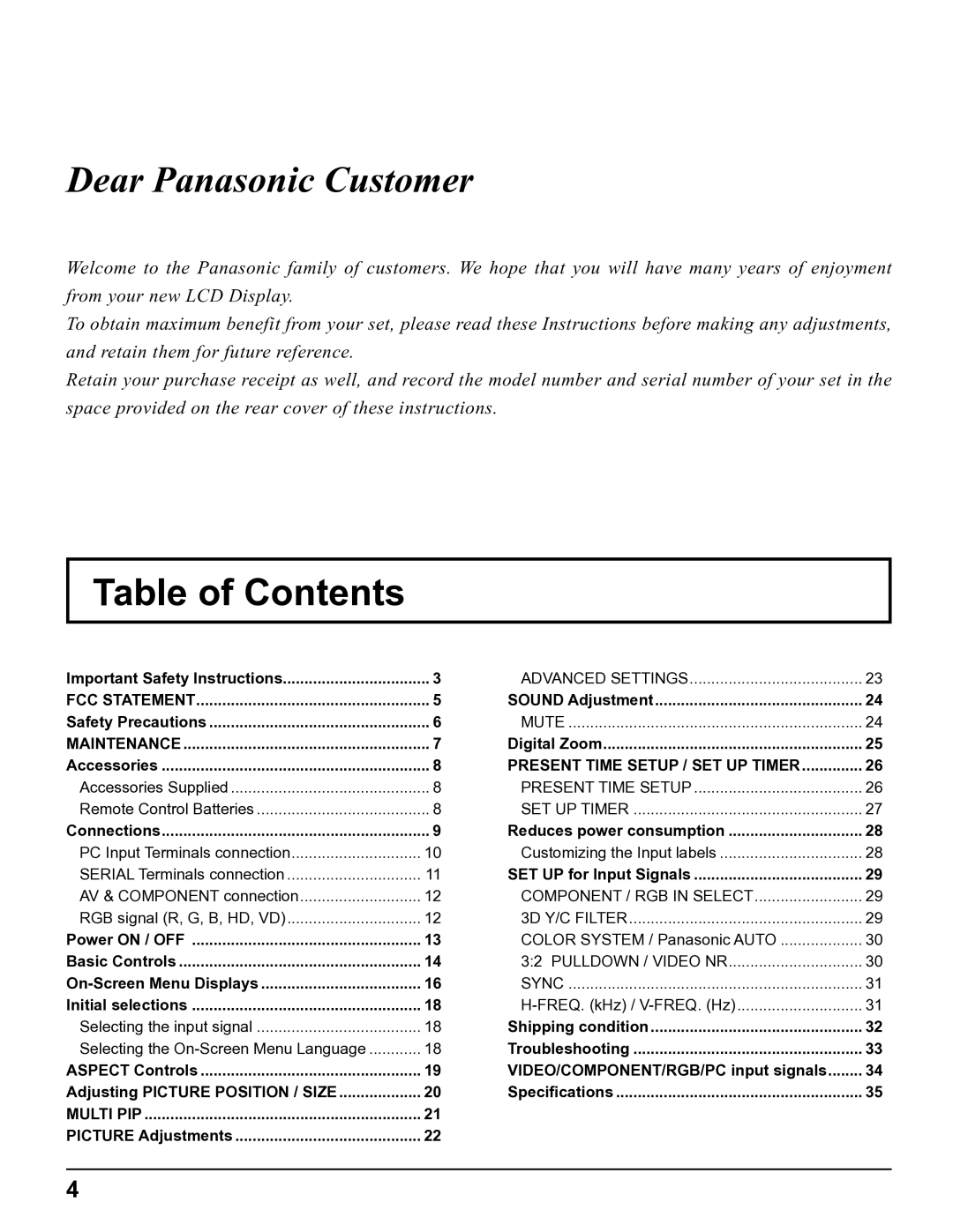 Panasonic TH-32LHD7UY manual Table of Contents 