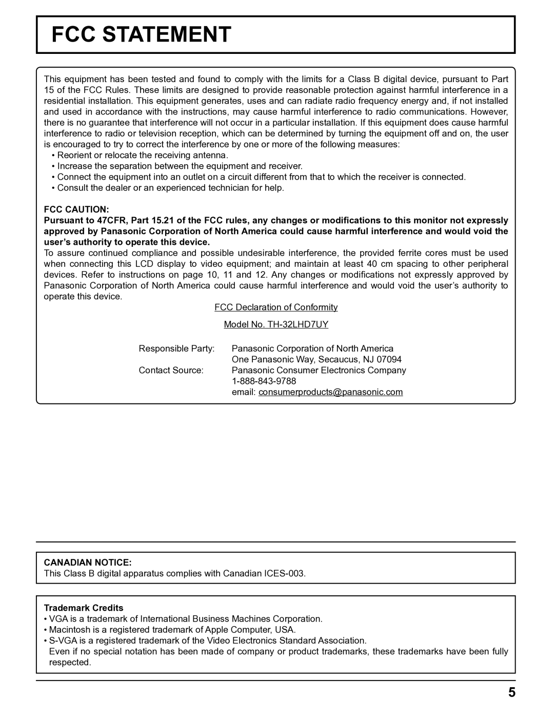 Panasonic TH-32LHD7UY manual FCC Caution, Canadian Notice, Trademark Credits 