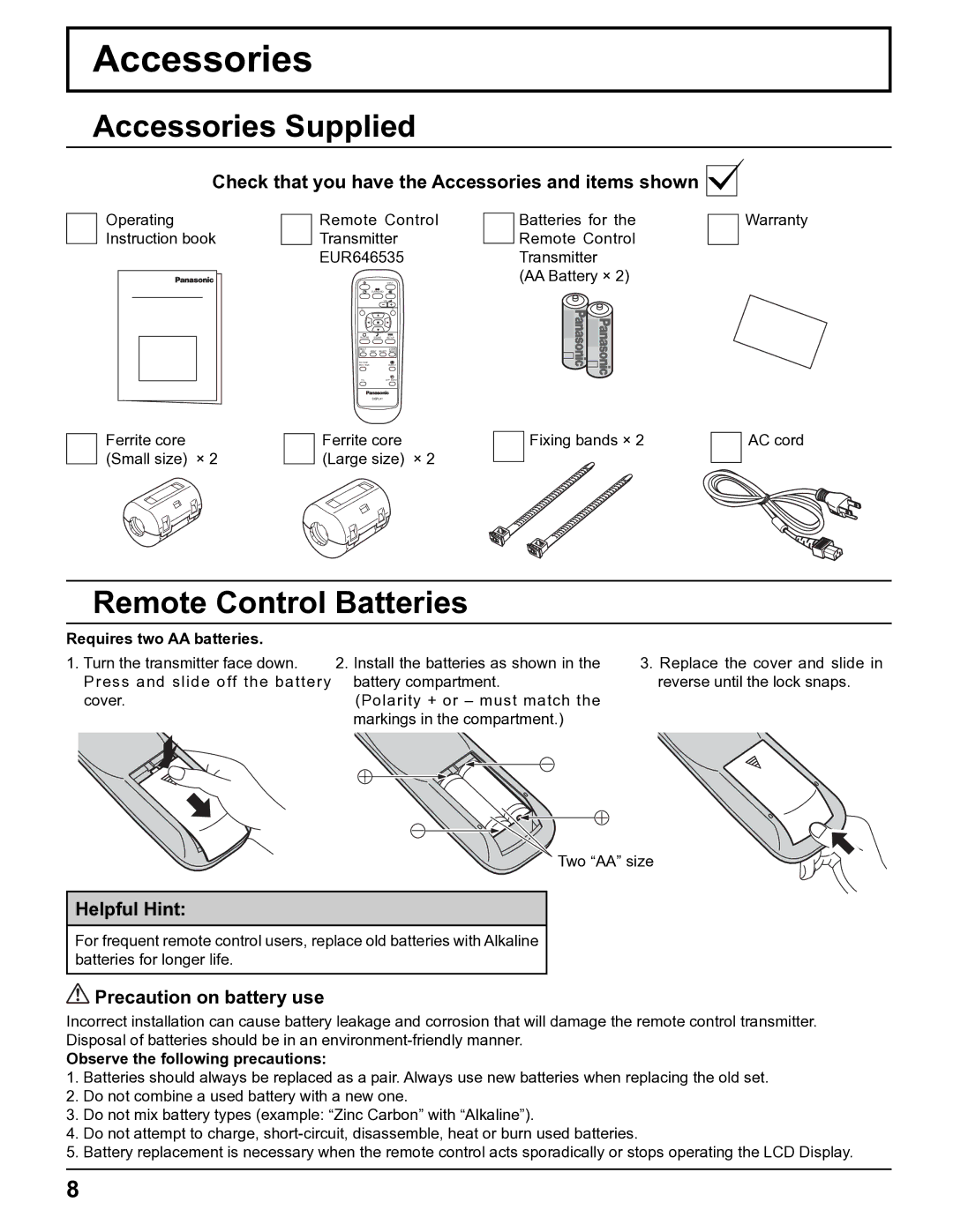 Panasonic TH-32LHD7UY manual Accessories Supplied, Remote Control Batteries 