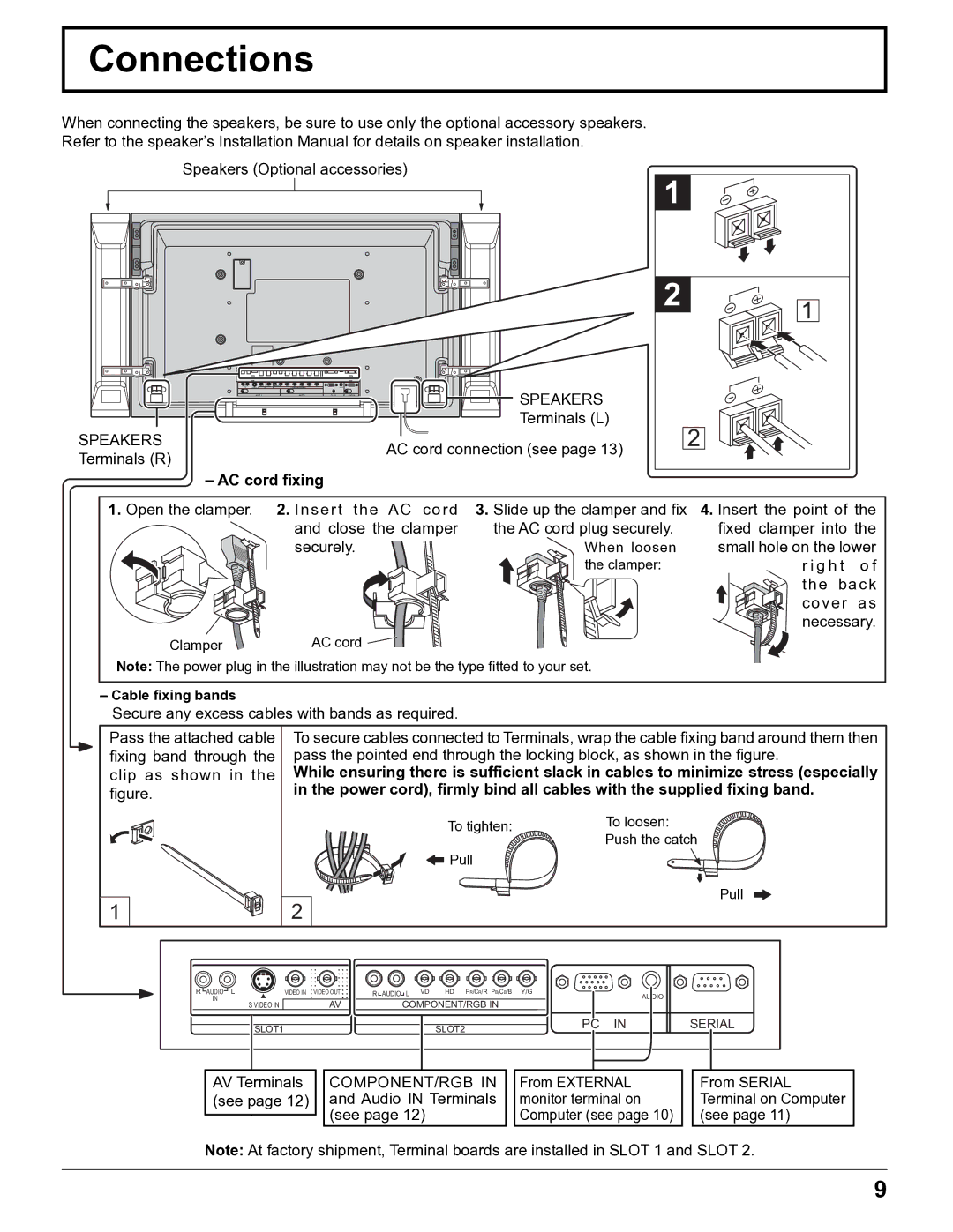 Panasonic TH-32LHD7UY manual Connections, Speakers, AC cord ﬁxing 