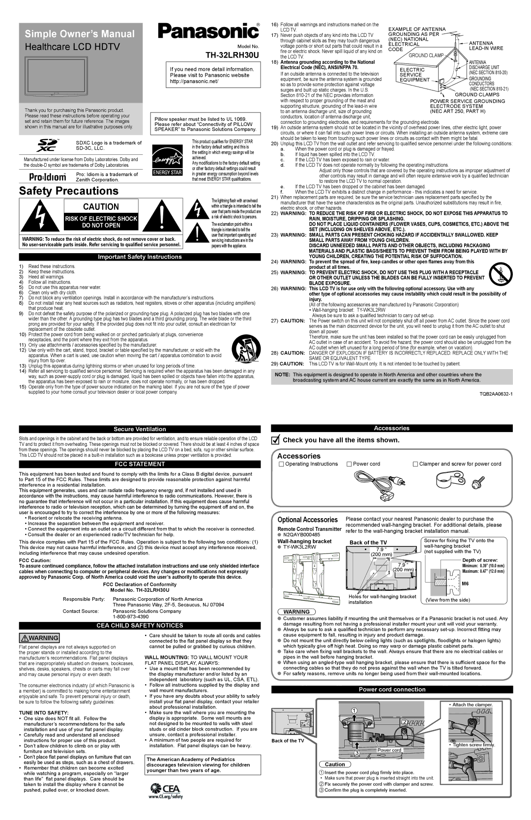 Panasonic TH-32LRH30U important safety instructions Important Safety Instructions, Secure Ventilation, Accessories 