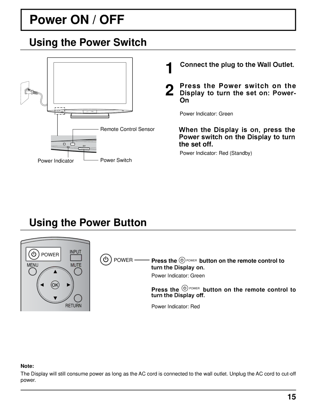 Panasonic TH-37LRT12U, TH-32LRT12U Power on / OFF, Using the Power Switch, Using the Power Button, Power Indicator Green 