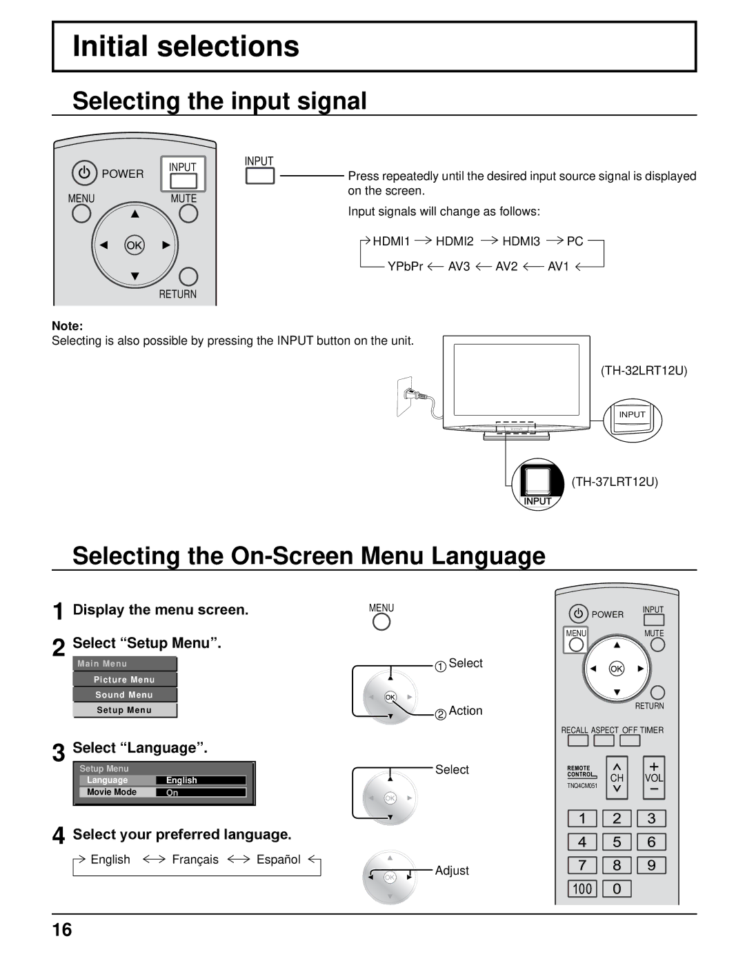 Panasonic TH-32LRT12U, TH-37LRT12U Initial selections, Selecting the input signal, Selecting the On-Screen Menu Language 